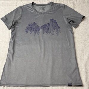 Patagonia Heather Gray Base Layer Tee with Purple Mountain Design